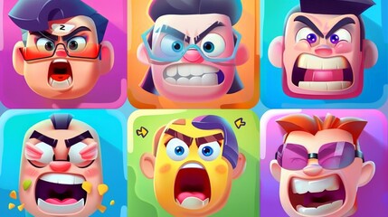 Comic avatars with different emotions in square shape with mouth and eyes. Modern illustration in contemporary style isolated on white background.
