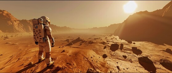 Near Future First Manned Mission To Mars, Technological Advance Brings Space Exploration, Colonization. Astronaut Watching Towards His Base/Research Station.