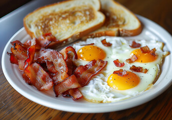 delicious crispy bacon and fried eggs with toast for breakfast