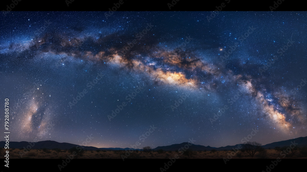 Wall mural a mesmerizing panorama of the milky way galaxy unfolding above a serene desert mountain range at nig