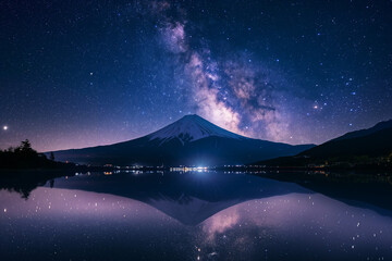 The breathtaking Milky Way stretches across the night sky, mirrored perfectly in the tranquil waters at the base of a snow-capped mountain.