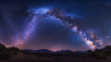 A mesmerizing panorama of the Milky Way galaxy unfolding above a serene desert mountain range at night.