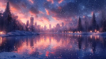 A snowy Merry Christmas background with a peaceful winter scene, featuring snow-covered mountains, a frozen river, and a bright starry sky.