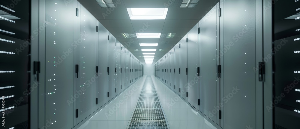 Poster this is a picture of the corridor in a working data center full of rack servers and supercomputers w