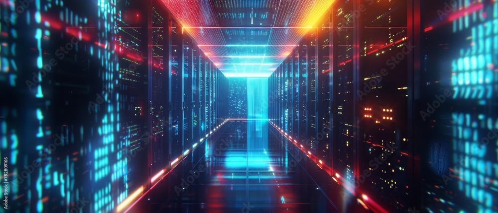 Poster in a working data center, a corridor is filled with rack servers and supercomputers, while scripts a