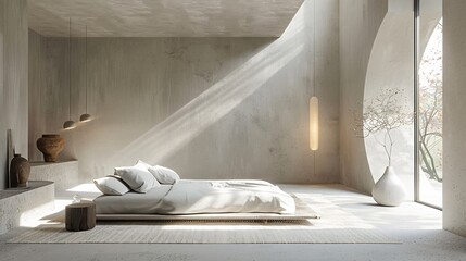 Zen Retreat with Artistic Shadows Tranquil Room Designed in Harmonious Japandi Aesthetics - obrazy, fototapety, plakaty