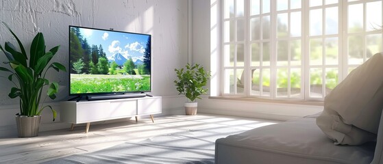 3D rendering of a smart TV in a living room.