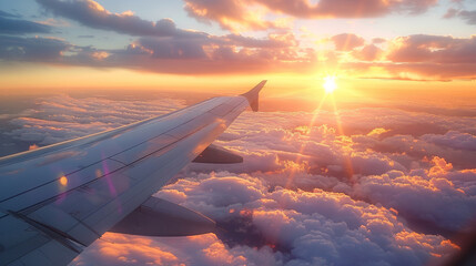 A plane is flying through a cloudy sky with a sun shining through the clouds