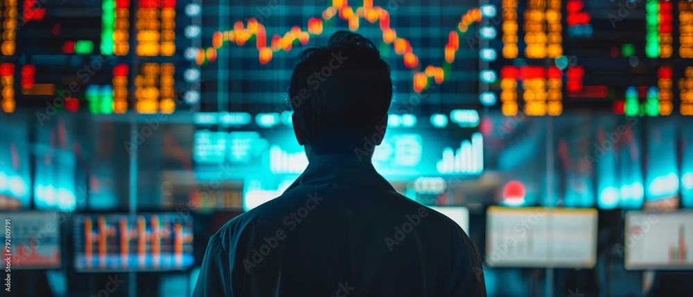 Poster trader analyzes projected ticker numbers and graphs to decide what to sell. behind him, he is surrou