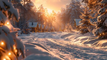 A snowy Merry Christmas background with a charming winter landscape, snow-covered trees, and a festive holiday village with twinkling lights. - obrazy, fototapety, plakaty