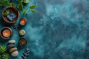 Obraz na płótnie Canvas An exotic spa setup with aromatic candles, frangipani flowers, and lush palm leaves