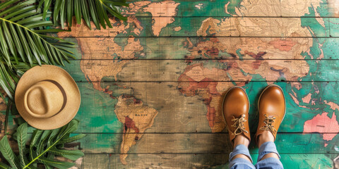 A person is standing on a map with a hat and shoes. The map is green and has a tropical theme - obrazy, fototapety, plakaty