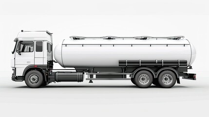 Develop a prompt featuring an isolated fuel tanker truck against a clear white backdrop, emphasizing the clarity in energy logistics.