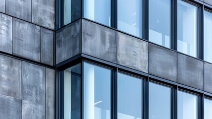 Moving to a modern building we see a closeup of smooth concrete panels in shades of gray and charcoal interrupted by clean lines of glossy black metal framing large windows. . - obrazy, fototapety, plakaty