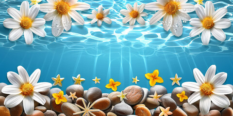 Fototapeta na wymiar A beautiful image of a beach with a large number of white flowers and rocks