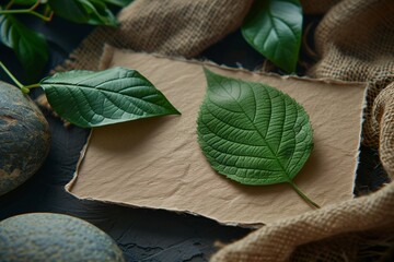Close-up of a single leaf placed on textured paper, with a backdrop of burlap and watermelons