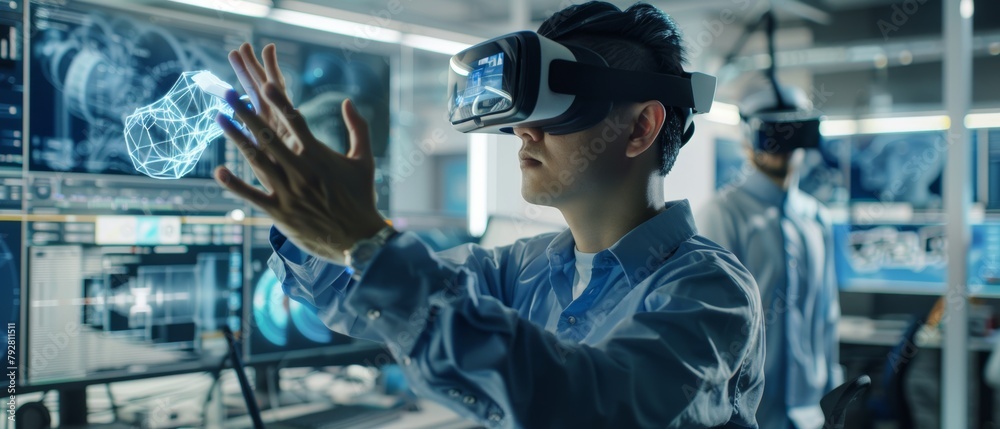 Wall mural a computer engineer works with hologram visualization of the 3d model while wearing a vr headset. hi