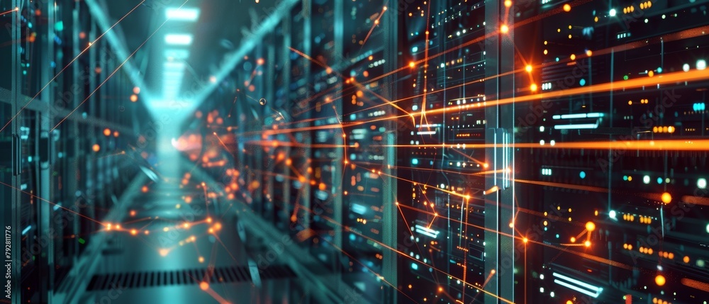 Poster rows of rack servers connected by lan connection lines in a working data center.
