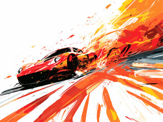 Obraz premium Race Car Driver Ignites Flames on High-Speed Track with Animated Illustration