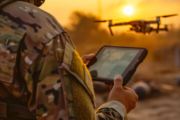 Military personnel operating a drone with a handheld device at dusk.