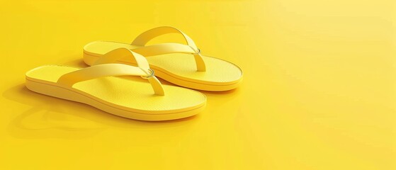 Three-dimensional rendering of flip-flops with rings floating on yellow background. Minimal summer concept.