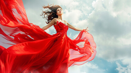 WomanRed Dress Lady Fantasy Gown Flying and Waving