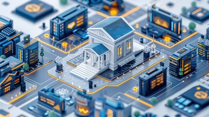 Isometric Digital Bank Illustration Surrounded by Fintech Buildings and Data Network in Futuristic Smart City