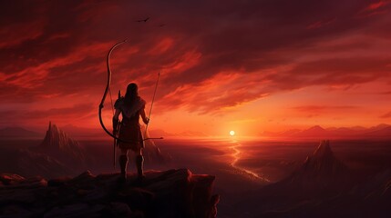 A lone arrow, its purpose defined by the archer's intent, poised for release, set against the fiery colors of a volcanic sunset - obrazy, fototapety, plakaty
