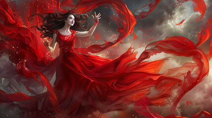 WomanRed Dress Lady Fantasy Gown Flying and Waving