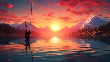 A solitary arrow, its flight path a testament to the archer's focus and unwavering determination, standing out against the vibrant colors of a sunset reflected in the calm waters of a mountain lake