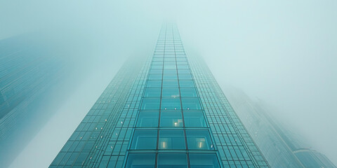 A tall building with a foggy sky in the background. The building is made of glass and has a modern design - obrazy, fototapety, plakaty