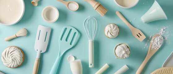3D rendering of a baker's tool set on a pastel blue background.