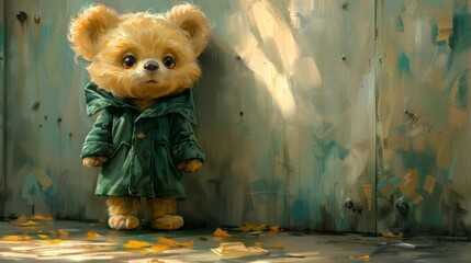 A teddy bear wearing a green coat standing next to wall, AI
