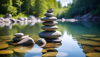 A stack of smooth river rocks balanced on top of each other in a serene pond, with the water reflecting the surrounding trees and sky - obrazy, fototapety, plakaty
