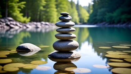 A stack of smooth river rocks balanced on top of each other in a serene pond, with the water reflecting the surrounding trees and sky - obrazy, fototapety, plakaty