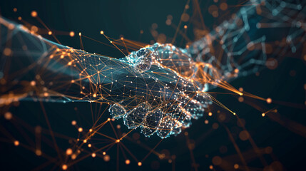 Visualization of a digital handshake, with lines and nodes coming together to form a connection, symbolizing the agreement and partnership in the digital world.