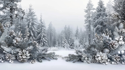 Fototapeta na wymiar A snowy forest with pine trees and a white background. The trees are bare and covered in snow, giving the scene a peaceful and serene atmosphere