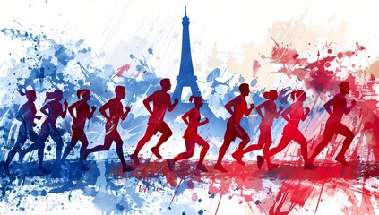 Vibrant Paris Marathon: Young Runners Racing Past Iconic Landmark - obrazy, fototapety, plakaty
