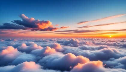 Colorful sunset sky with fluffy white clouds above the clouds, with a serene and peaceful atmosphere - obrazy, fototapety, plakaty