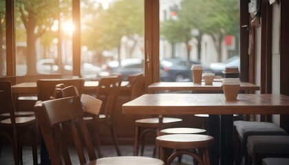 A cozy cafe interior with wooden tables and chairs, a view of the street outside through the window, and some coffee cups and other items on the tables - obrazy, fototapety, plakaty