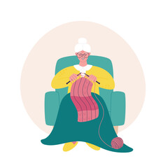 Grandmother knitting a scarf. Granny sitting in an armchair and hand crafting. Vector flat style illustration of handmade hobby