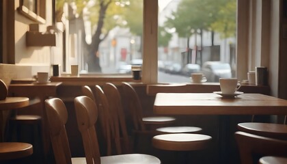 A cozy cafe interior with wooden tables and chairs, a view of the street outside through the window, and some coffee cups and other items on the tables - obrazy, fototapety, plakaty