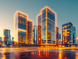 A city skyline with three tall buildings lit up in orange. The buildings are lit up in the evening, creating a warm and inviting atmosphere. The city appears to be bustling with activity