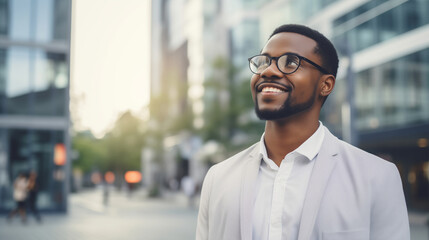 Obraz premium Confident happy smiling black entrepreneur standing in the city, wearing glasses and looking away