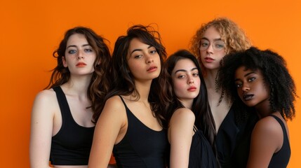 Fototapeta premium A group of women in black tank tops are posing for a photo