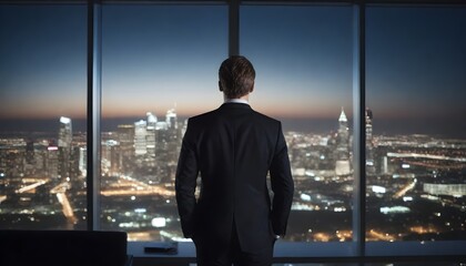A young Caucasian businessman in a suit standing in front of a large window overlooking a modern city skyline at night - obrazy, fototapety, plakaty