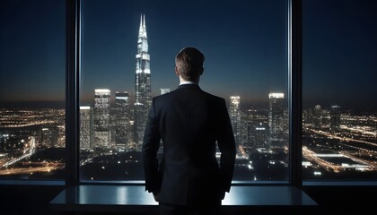 A young Caucasian businessman in a suit standing in front of a large window overlooking a modern city skyline at night - obrazy, fototapety, plakaty