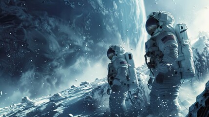 Develop a prompt portraying astronauts on an extravehicular expedition beyond the blue planet,...
