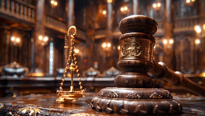  Majestic Courtroom Setting with Gavel and Gold Ornament - Legal Justice Concept - obrazy, fototapety, plakaty