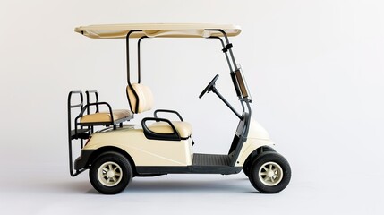 Develop a prompt showcasing an isolated golf cart against a white background, inviting quiet reflection on the tranquility of golfing experiences